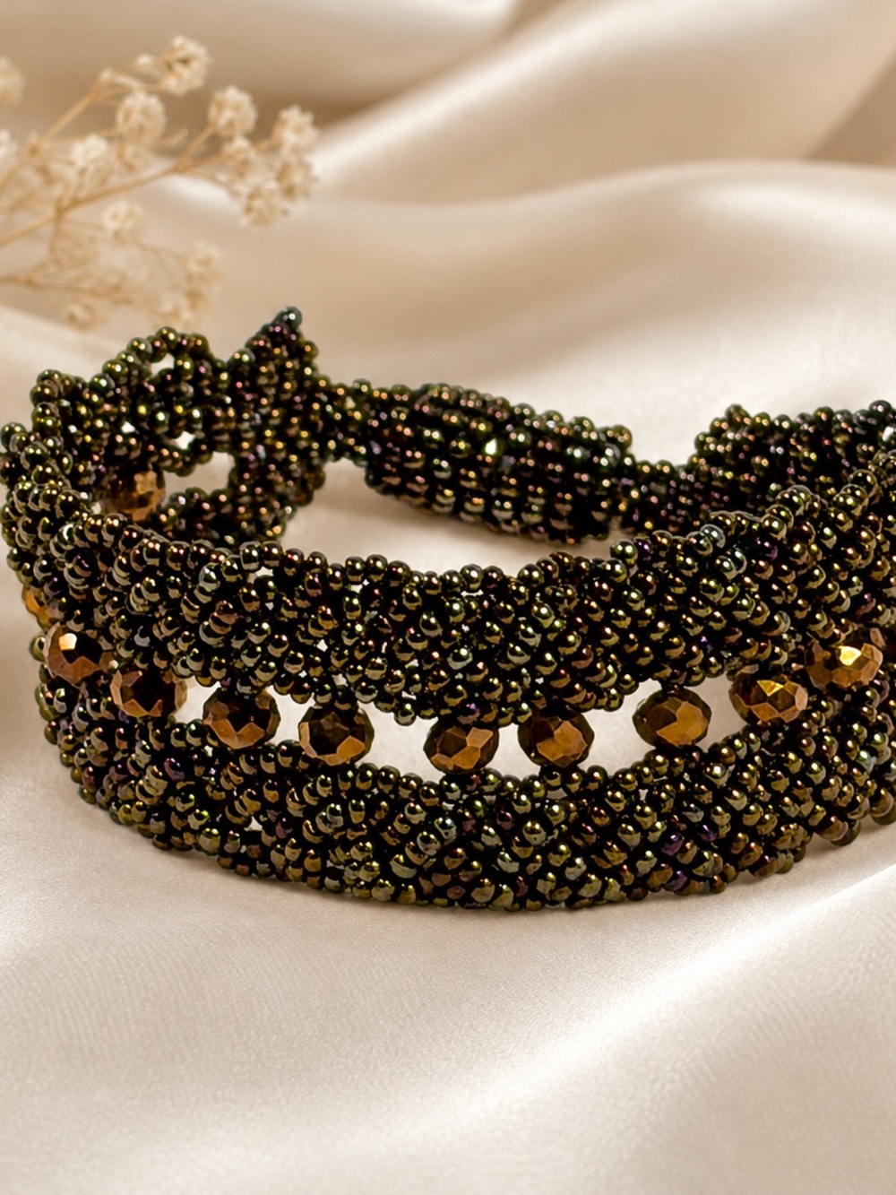 Beaded Olive Green and Gold Multi-Row Bracelet